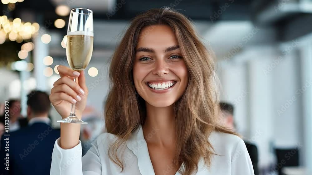 A cheerful woman raises a champagne glass with a bright smile while enjoying a joyful moment at a lively social gathering A cheerful woman raises a champagne glass with a bright smile while enjoying a joyful moment at a lively social gathering