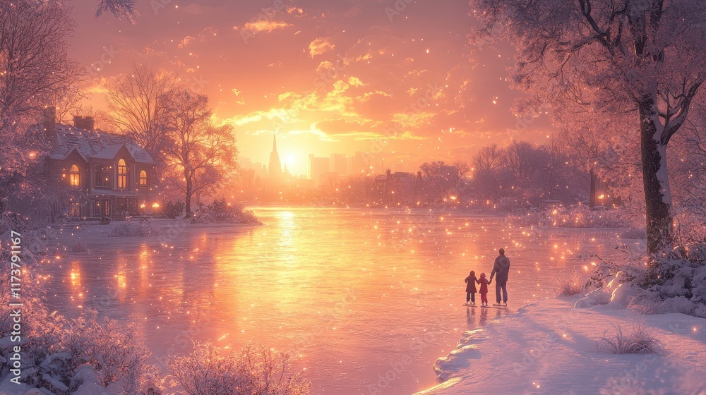 Fototapeta premium Serene winter sunset over a frozen lake with silhouettes of people.