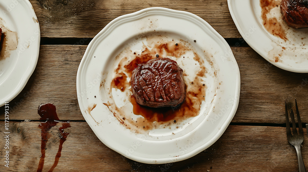 Top view of rotten spoilt raw steak on dirty white plates Top view of rotten spoilt raw steak on dirty white plates