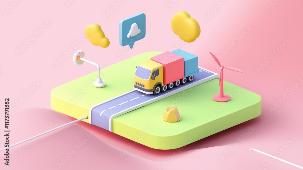 cargo management and shipment concept. 3D illustration of a colorful truck on a road with various icons and elements representing transportation and sustainability. cargo management and shipment concept. 3D illustration of a colorful truck on a road with various icons and elements representing transportation and sustainability.