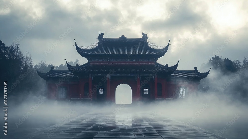 Obraz premium Mysterious Ancient Chinese Gate in Misty Landscape