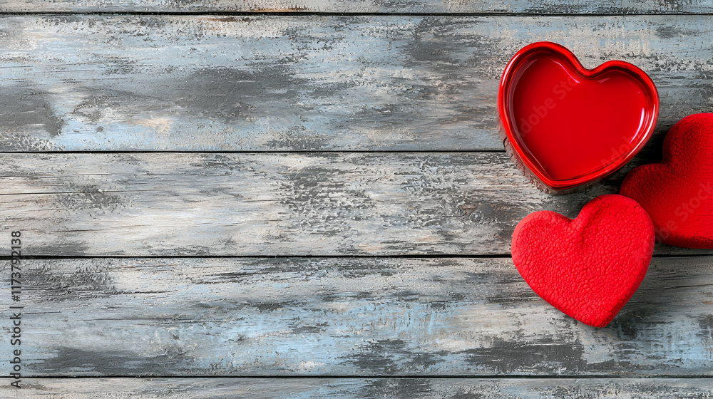 Fototapeta premium Three red heart shapes on a rustic wooden surface, creating a romantic and warm atmosphere perfect for celebrations of love.