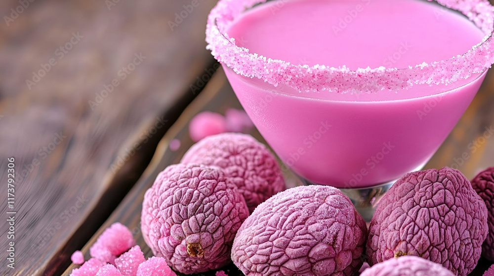 A vibrant pink drink in a glass garnished with sugar, surrounded by fresh lychee fruits on a rustic wooden surface. A vibrant pink drink in a glass garnished with sugar, surrounded by fresh lychee fruits on a rustic wooden surface.