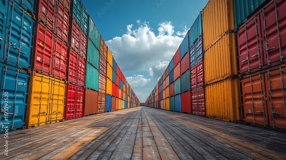 Fototapeta premium Vibrant Cargo Containers at a Port: A Colorful Panorama of Global Trade
