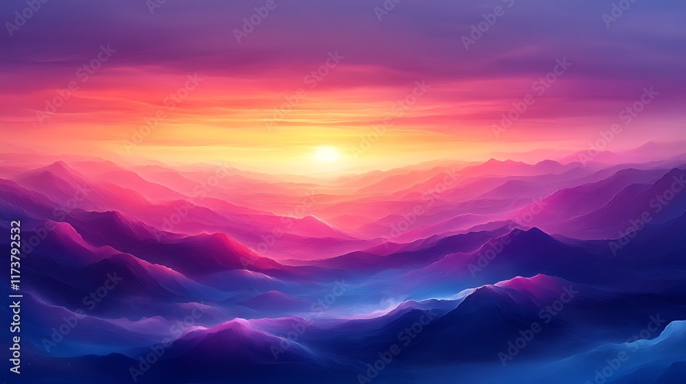 Fototapeta premium Vibrant Sunset Over Rolling Purple Mountains