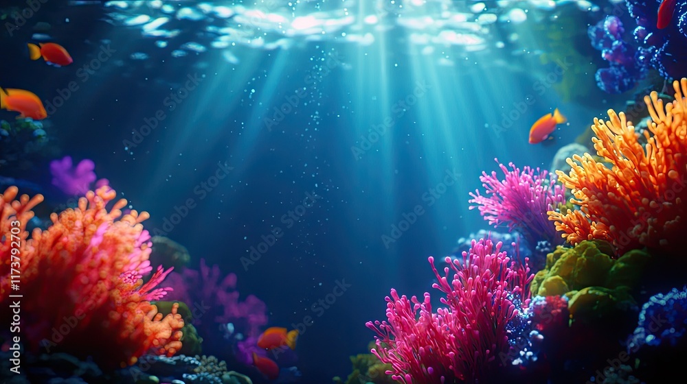 Fototapeta premium Vibrant Underwater Coral Reef with Rays of Sunlight Streaming Through