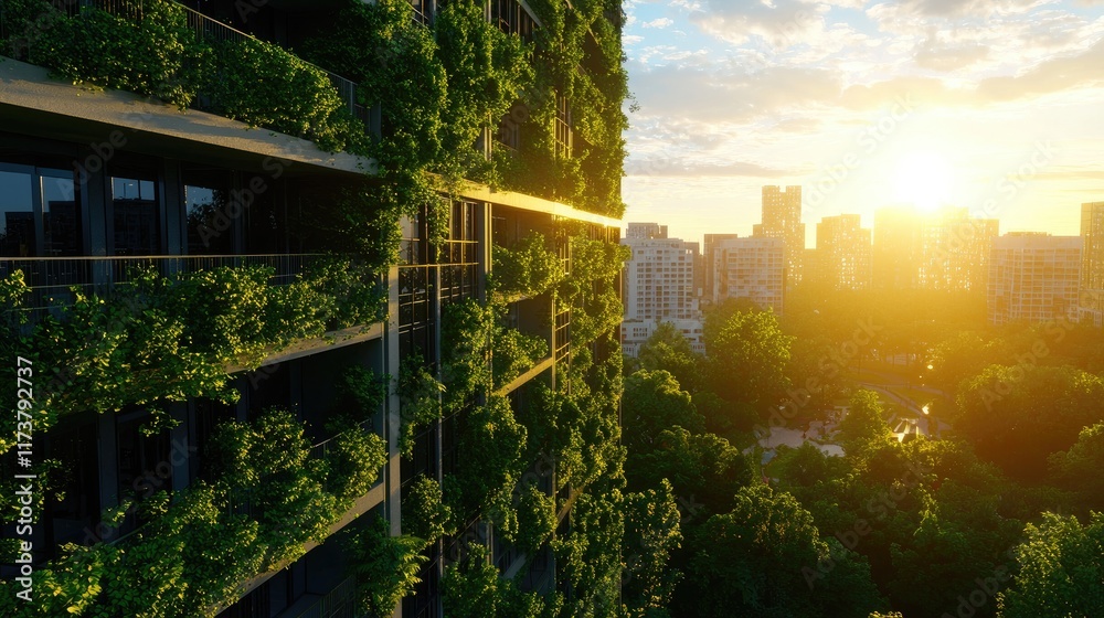 Fototapeta premium Modern Eco-Friendly Building with Green Facade at Sunset