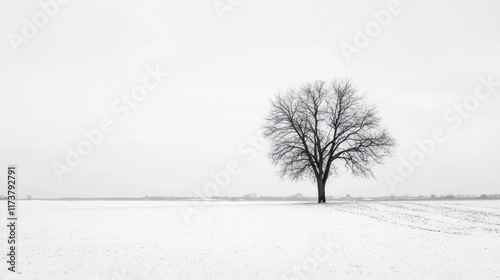 Lone tree in snowy field, monochrome.