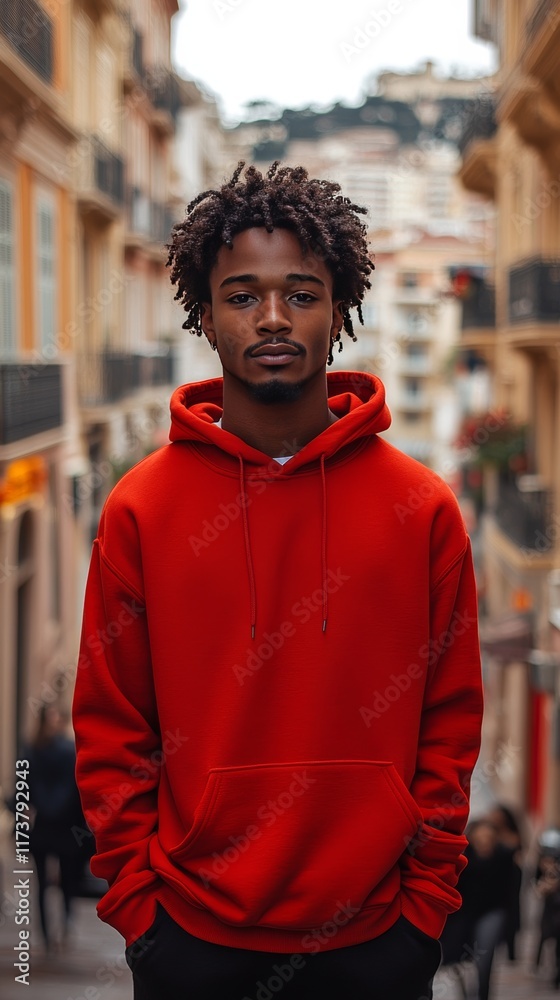 Fototapeta premium Young Man Wearing a Red Hoodie Stands Confidently on a Bustling City Street Surrounded by Buildings and Pedestrians in the Background
