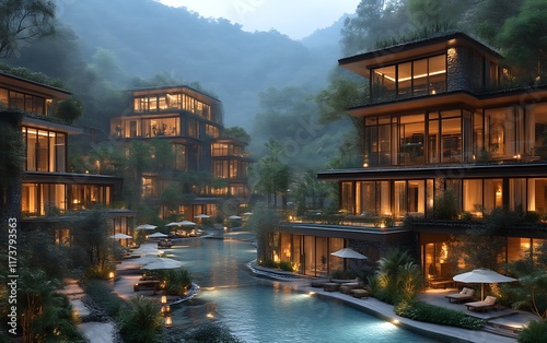 Luxury resort nestled in misty mountain valley with pool. photo