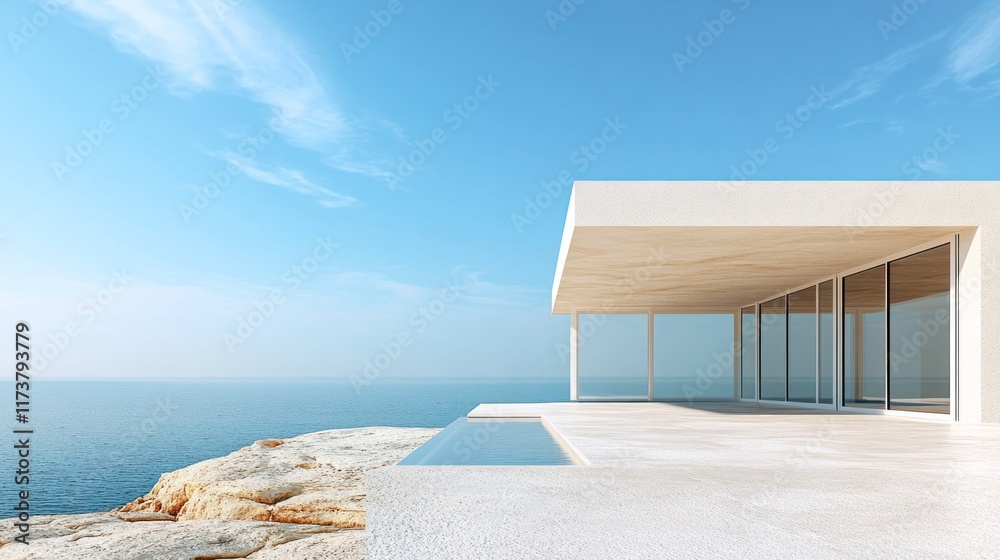 Fototapeta premium Minimalist white oceanfront house with infinity pool.
