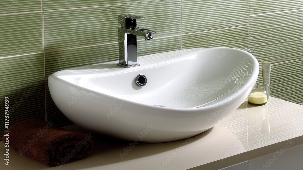 Fototapeta premium Modern white ceramic bathroom sink with chrome faucet on light beige countertop against green tile backsplash.