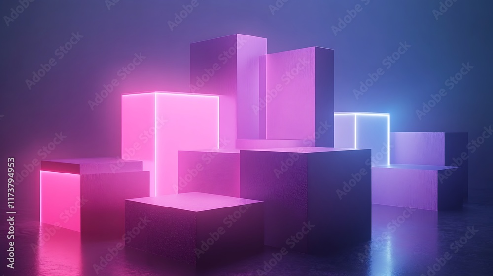 Abstract Neon Illuminated Geometric Cuboid Forms Abstract Neon Illuminated Geometric Cuboid Forms