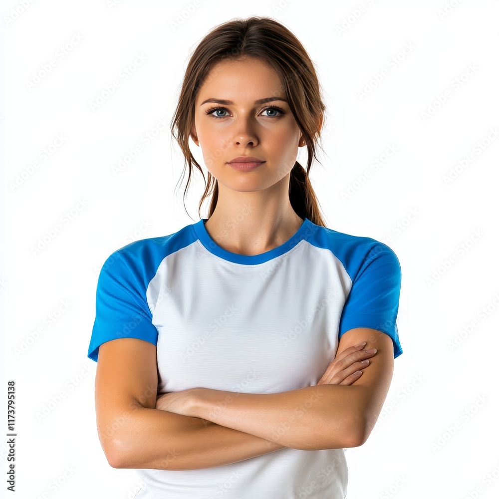 Confident Young Woman With Arms Crossed Displaying Determination in a Casual Sports Outfit Against a White Background Confident Young Woman With Arms Crossed Displaying Determination in a Casual Sports Outfit Against a White Background