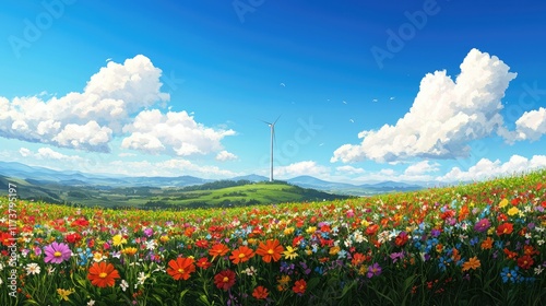 Colorful Flower Field with Wind Turbine Against Blue Sky Landscape