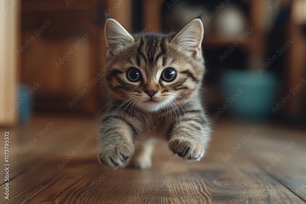 Adorable Kitten Playing on Wooden Floor Adorable Kitten Playing on Wooden Floor