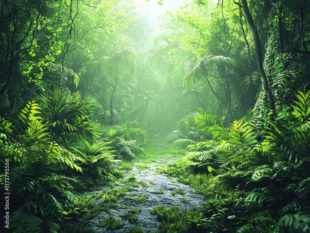 Obraz premium Exploring enchanted jungle trails lush green landscape nature serene environment hyperrealistic viewpoint