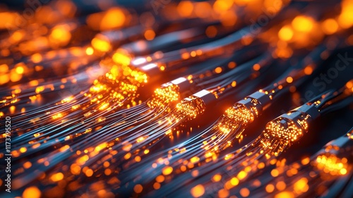 Abstract close-up of glowing fiber optic cables with vibrant lights