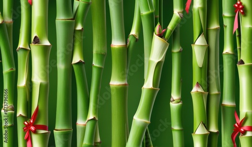 A dense grove of tall, slender bamboo stalks bathed in warm sunlight, creating a serene and tranquil scene.