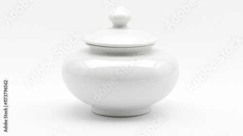White porcelain jar with lid, round shape, elegant design, isolated on white background.