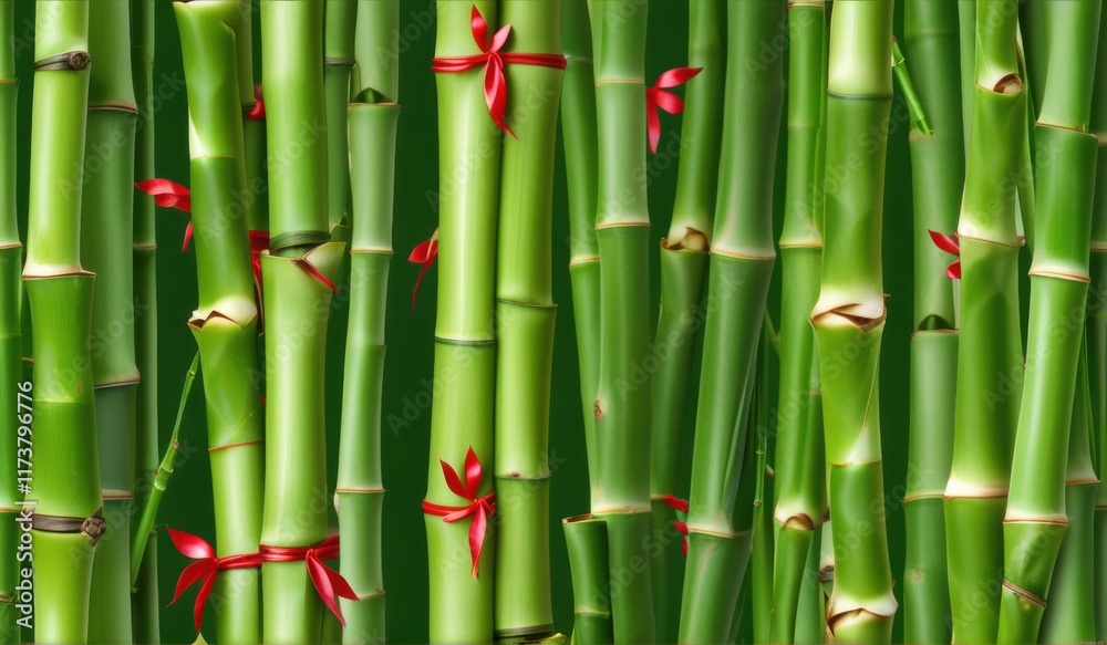Fototapeta premium A dense grove of tall, slender bamboo stalks bathed in warm sunlight, creating a serene and tranquil scene.