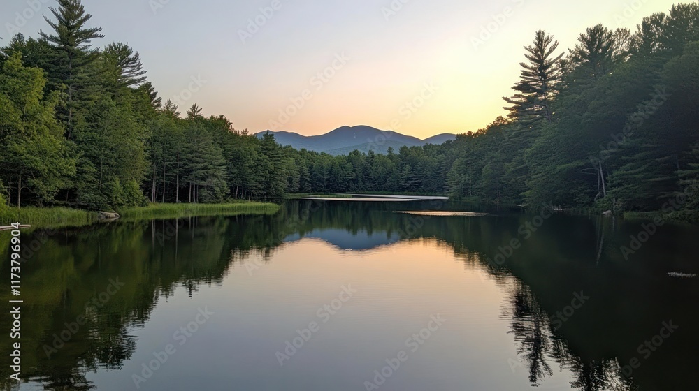 Serene sunset reflecting on calm lake water, surrounded by lush green forest and distant mountains. Serene sunset reflecting on calm lake water, surrounded by lush green forest and distant mountains.