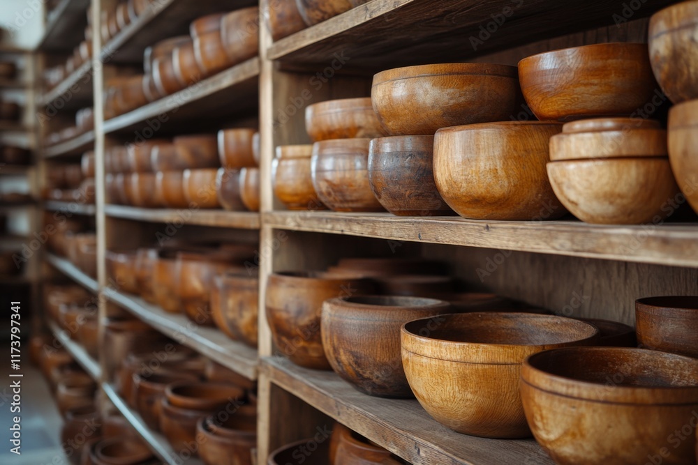 Fototapeta premium Wooden bowls stacked neatly on a shelf in a store