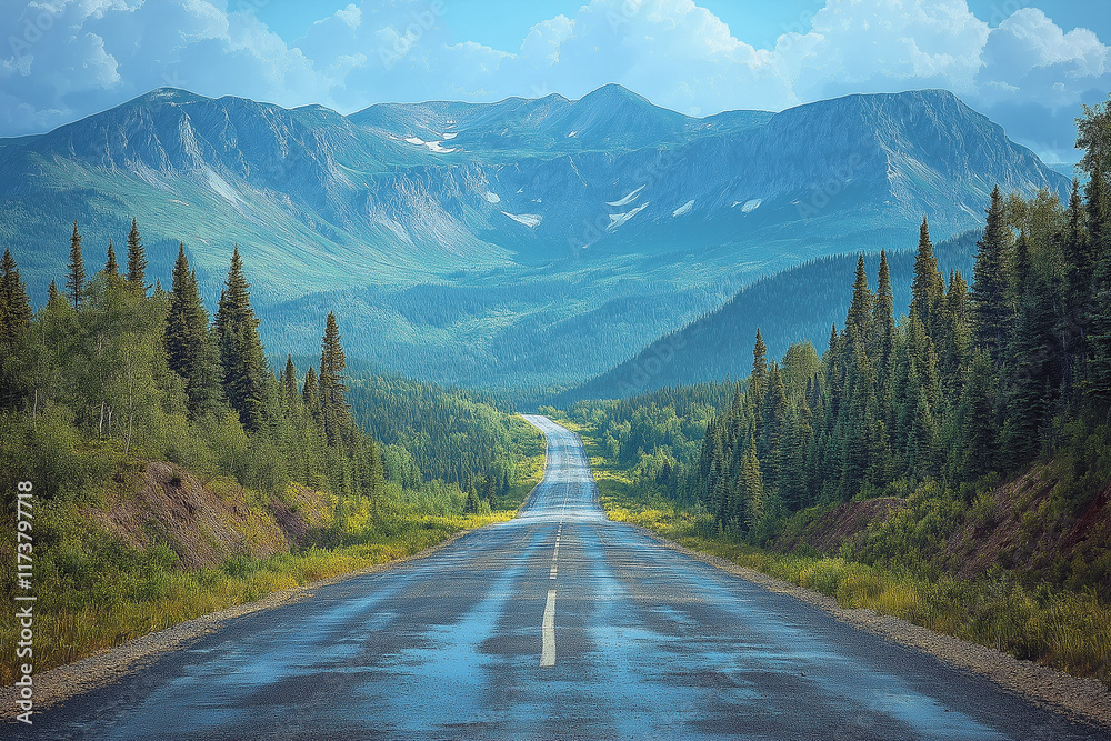 Fototapeta premium Photo réaliste professionnelle d’une route courbée traversant un paysage vallonné avec brouillard et lumière du soleil