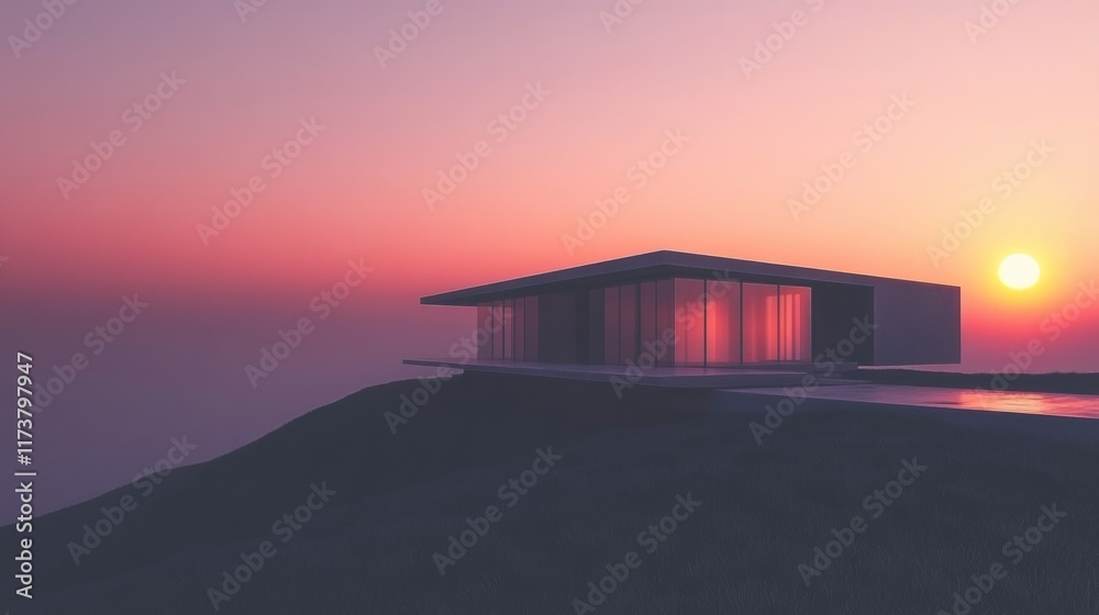 Fototapeta premium Modern House on Hilltop at Sunset