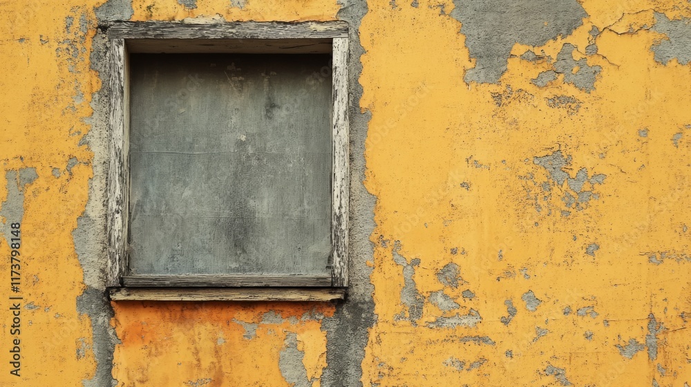 Naklejka premium Old window frame in weathered yellow wall.