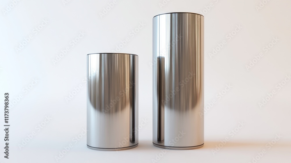 Two metallic cylinders, one smaller than the other, on a white background. Two metallic cylinders, one smaller than the other, on a white background.