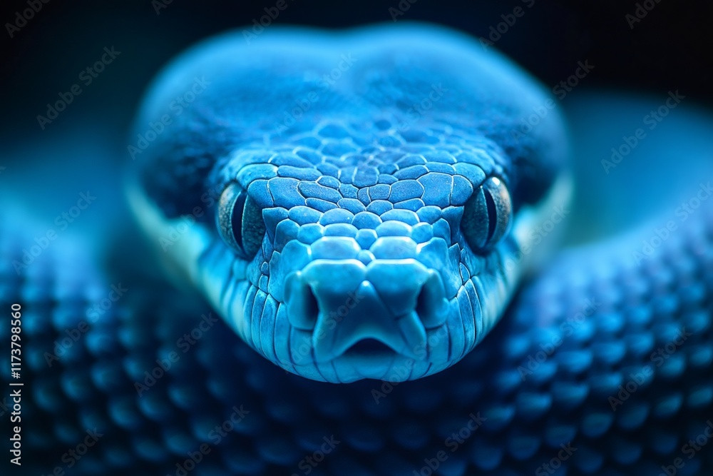 Fototapeta premium Striking blue snake gazing with intense eyes in close-up