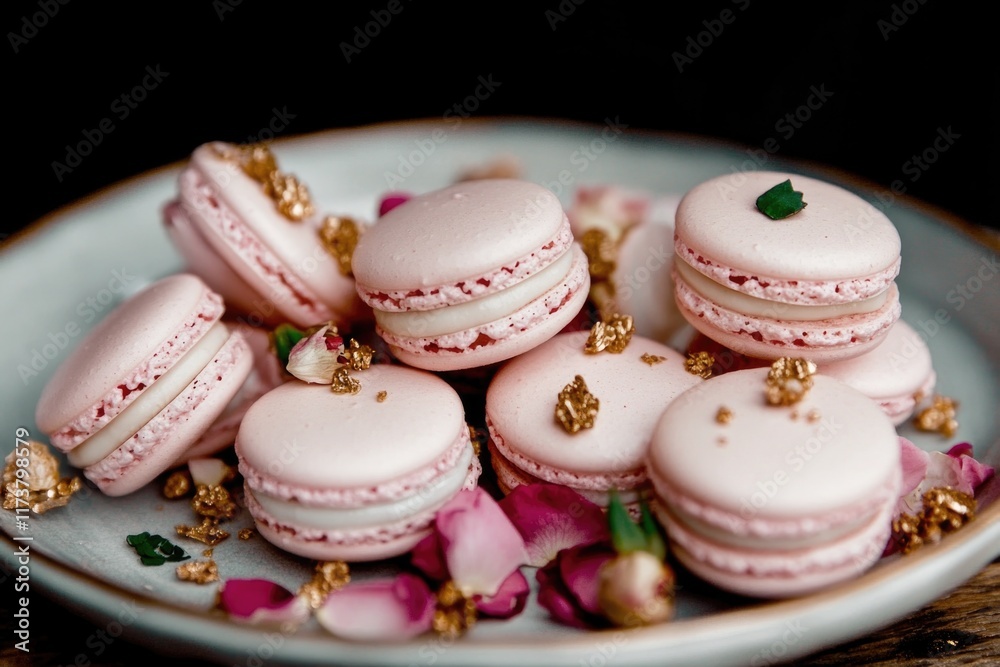 Fototapeta premium Elegant pink macarons with rose petals and gold decorations on a plate