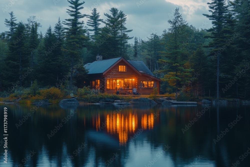 Fototapeta premium Wooden cabin reflecting on a calm lake surrounded by pine trees