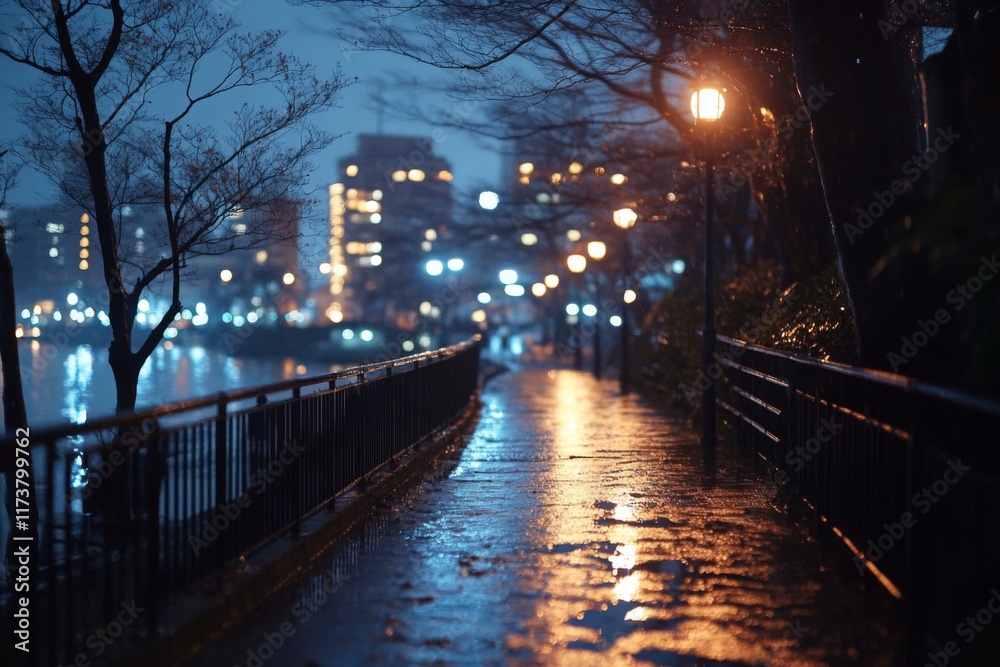 Fototapeta premium Wet city street at night with glowing streetlights and reflections