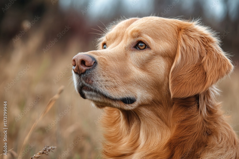 Obraz premium Golden retriever sitting on grass in natural light