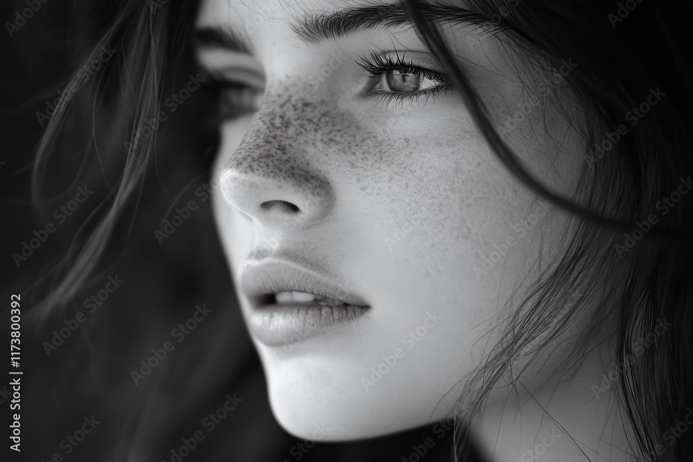 Fototapeta premium Grayscale portrait of a young woman with the wind blowing her hair