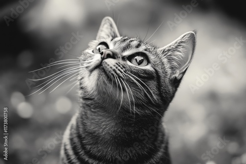 Black and white portrait of a cat looking up with focused expression
