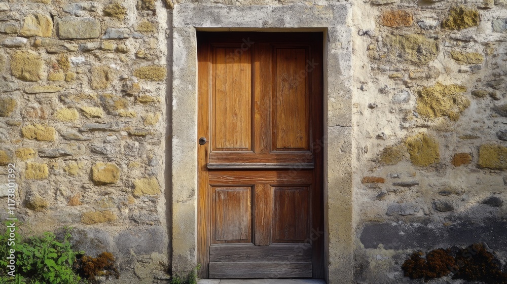 Rustic wooden door set in old stone wall. Rustic wooden door set in old stone wall.