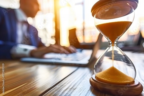 Close-up of an hourglass in front of a busy businessperson calculating an invoice, representing the stress of time constraints in financial management. photo