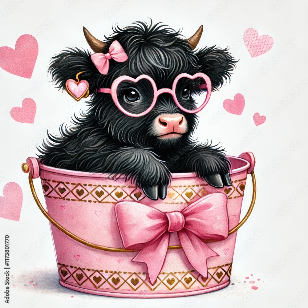 Fototapeta premium Cute black calf in pink bucket with hearts fun illustration whimsical art style adorable vibe