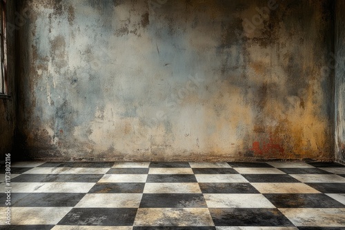 Grunge interior showing checkered floor and damaged wall