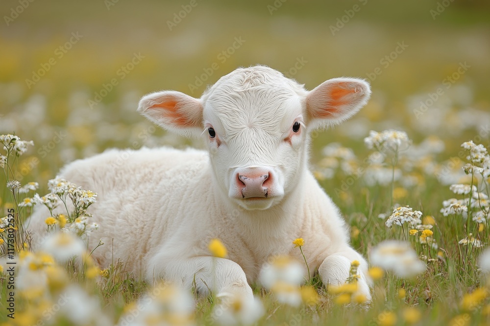 Naklejka premium Cute lamb standing in a meadow with flowers on a sunny day