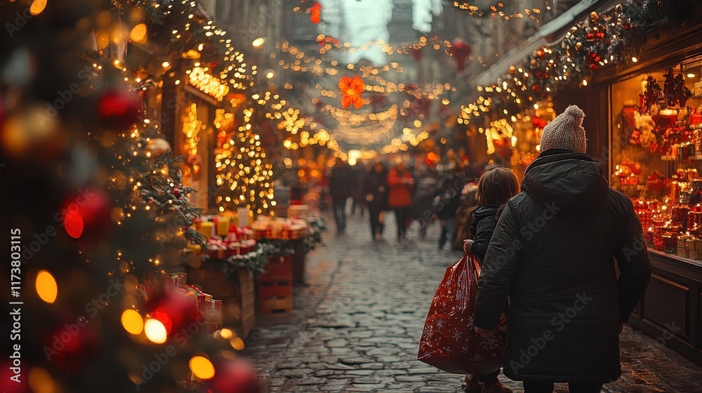 Naklejka premium A festive street scene adorned with holiday lights and decorations.