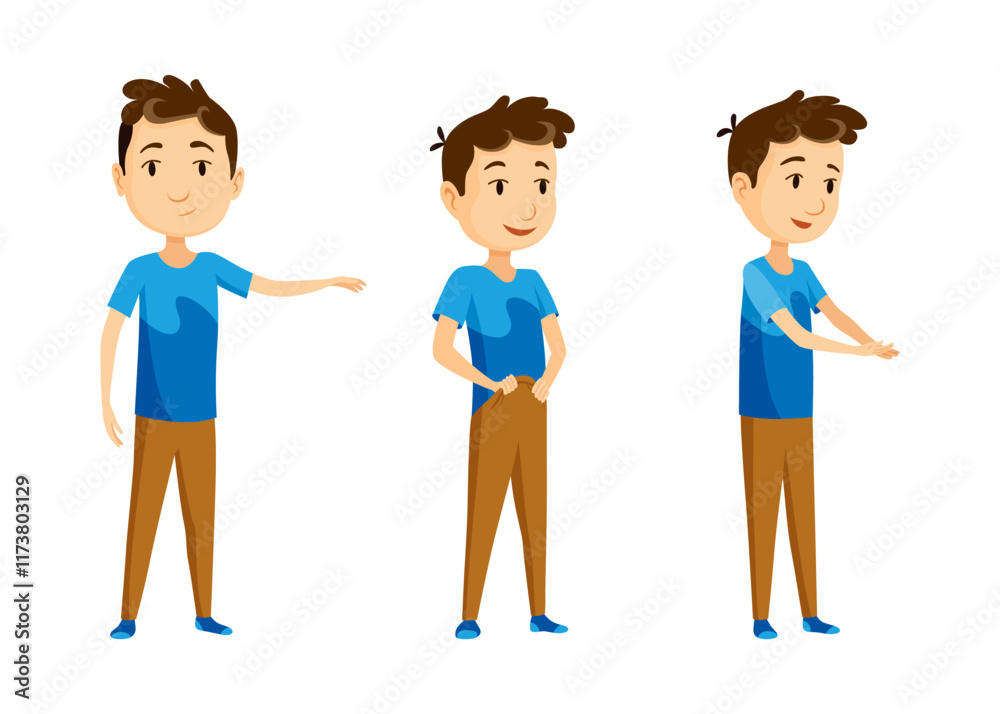 Cartoon character boy. Set with different postures, attitudes and poses, always in positive attitude, doing different activities. Cartoon vector illustration Cartoon character boy. Set with different postures, attitudes and poses, always in positive attitude, doing different activities. Cartoon vector illustration