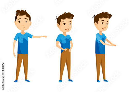 Cartoon character boy. Set with different postures, attitudes and poses, always in positive attitude, doing different activities. Cartoon vector illustration