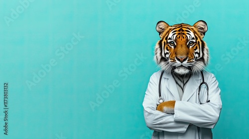 tiger therapist dressed as a doctor. on a plain colored background. banner with copy space photo