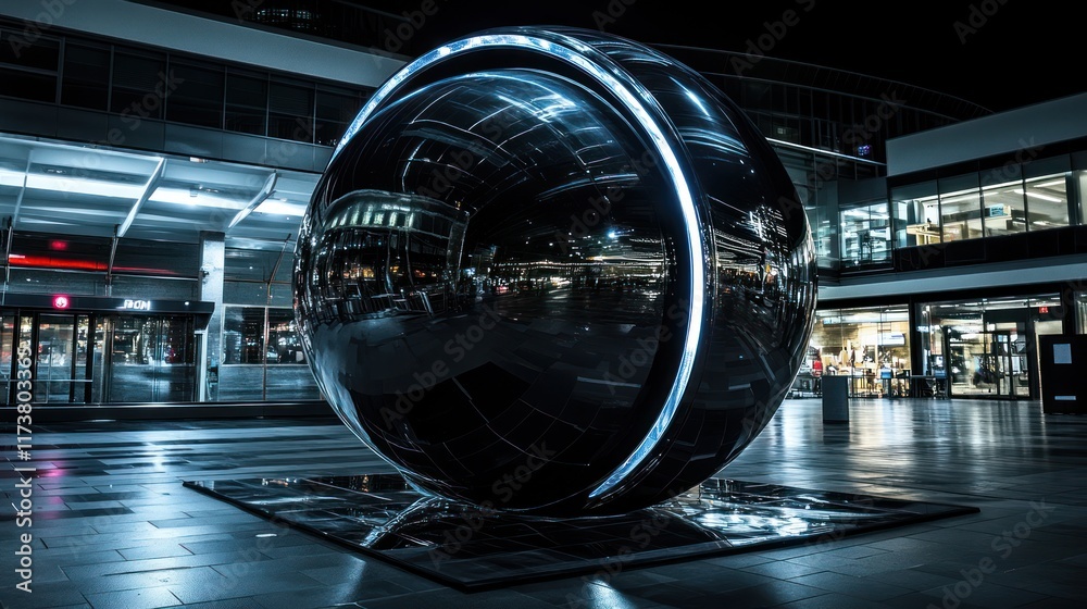 Fototapeta premium Reflective sphere sculpture at night, illuminated ring, modern architecture background.