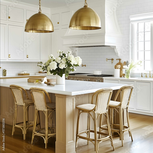 a realistic kitchen design with an island and counterstools with a back support made out of wood and wicker Include white oak island and make the upper cabinets ivory