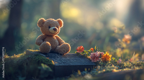 Teddy Bear and Flowers at Sunrise on a Grave